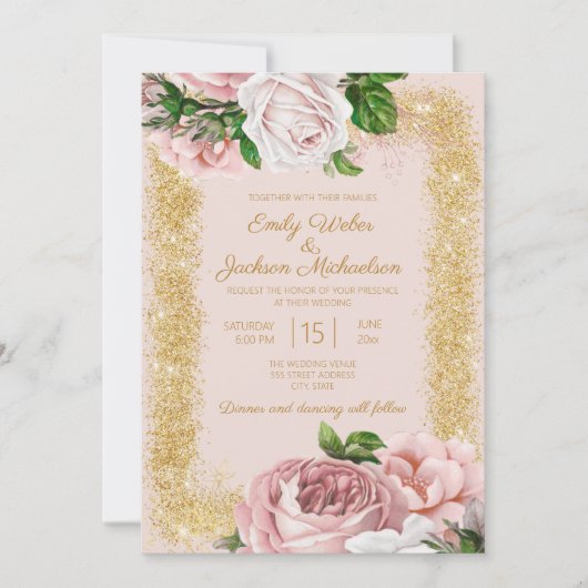 Rosa Rose Gold Glitzer Wedding Einladung (Vorderseite)