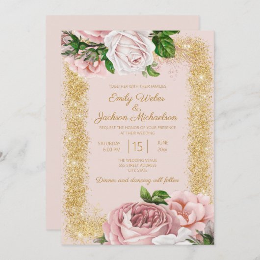 Rosa Rose Gold Glitzer Wedding Einladung (Vorne/Hinten)