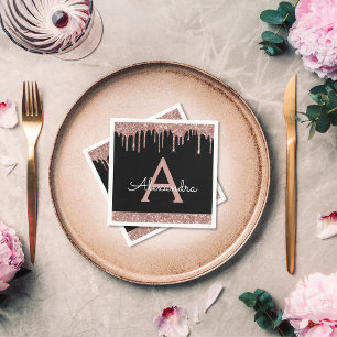 Rosa Rose Gold Glitzern Black Monogram Birthday Serviette
