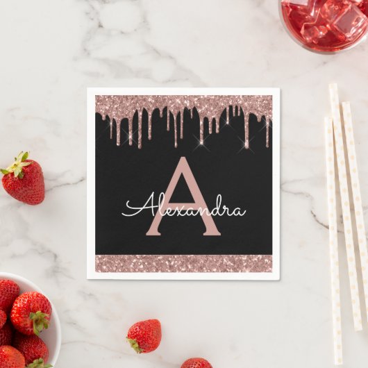 Rosa Rose Gold Glitzern Black Monogram Birthday Serviette (Beispiel)