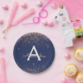 Rosa Rose Gold Glitzern Navy Blue Monogram Birthda Pappteller (Party)