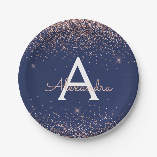 Rosa Rose Gold Glitzern Navy Blue Monogram Birthda Pappteller (Vorderseite)