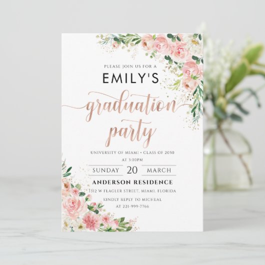 Rosa-Rose-Gold-Graduiertenparty - Einladung (Stehend Vorderseite)