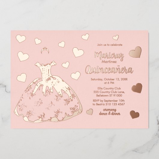 Rosa Rose Gold Herz Quinceañera Einladung (Vorderseite)
