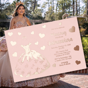 Rosa Rose Gold Herz Quinceañera Einladung