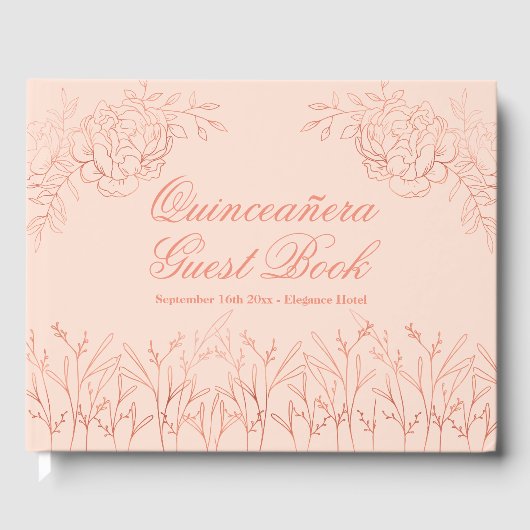 Rosa Rose Gold Kontur Quinceanera Gästebuch (Vorderseite)