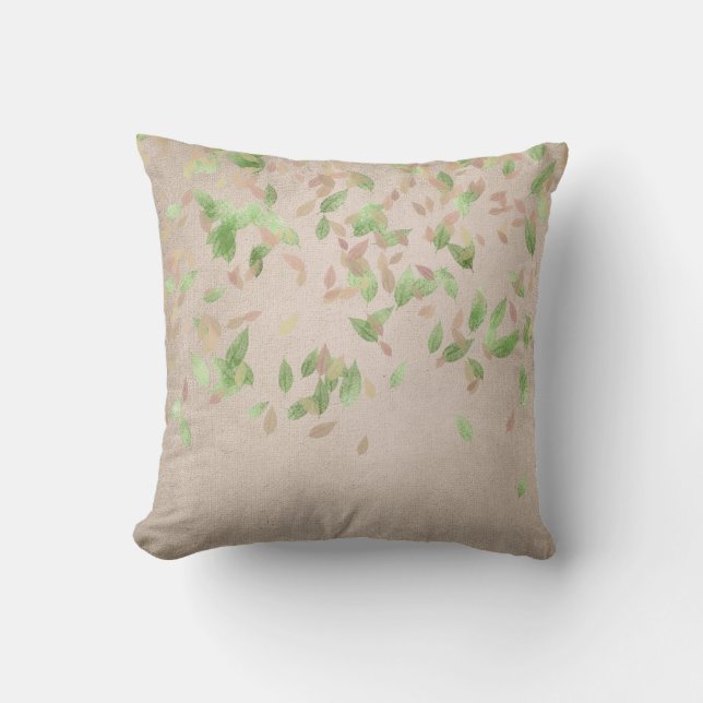 Rosa Rose Gold Leafs Minze Grüne Elfenbein Linen Kissen (Vorderseite)