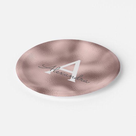 Rosa Rose Gold Metallic Foil Monogram Birthday Pappteller (Schrägansicht)
