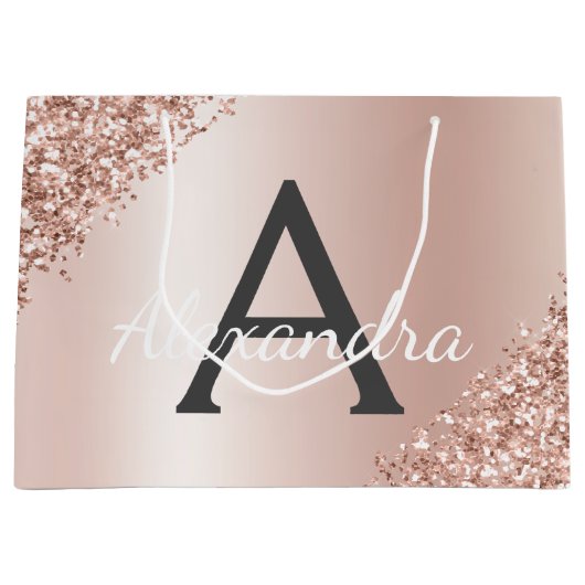 Rosa Rose Gold Metallischer Glitzer Mit Monogramm Große Geschenktüte (Vorderseite)