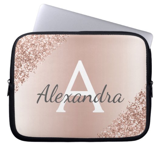 Rosa Rose Gold Metallischer Glitzer Monogramm Laptopschutzhülle (Vorderseite)