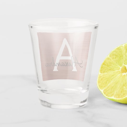 Rosa Rose Gold Moderne Metallische Monogramm Gebur Schnapsglas (Rückseite)