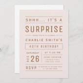 Rosa Rose Gold Moderne Typografie Überraschung Geb Einladung (Vorne/Hinten)