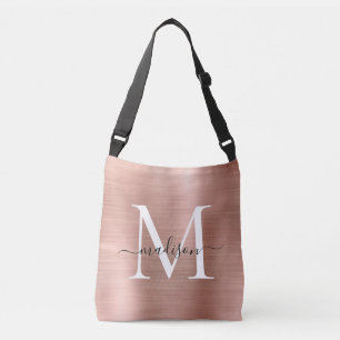 Rosa Rose Gold Monogram Chic Pinselmetall-Script Tragetaschen Mit Langen Trägern