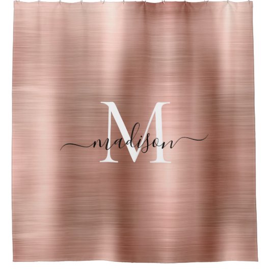 Rosa Rose Gold Monogram Feminine Script Glam Metal Duschvorhang (Vorderseite)