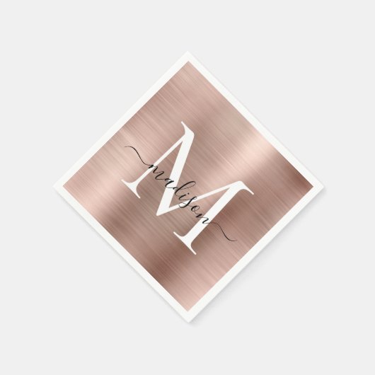 Rosa Rose Gold Monogram Girly Script Bürstenmetall Serviette (Ecke)