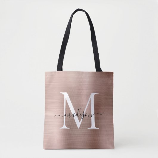 Rosa Rose Gold Monogram Glam Brushed Metal Script Tasche (Vorderseite)