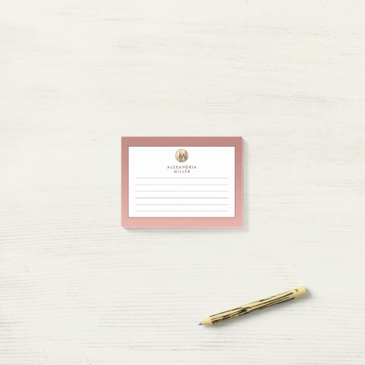 Rosa Rose Gold Monogram Lined Post-it Klebezettel (Auf Schreibtisch)