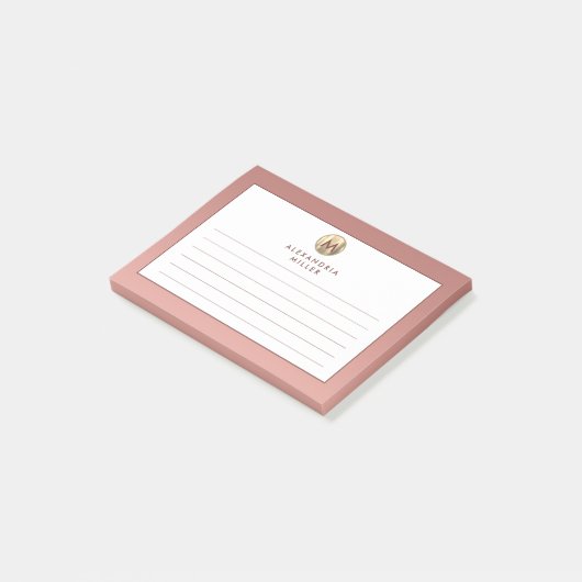Rosa Rose Gold Monogram Lined Post-it Klebezettel (angewinkelt)