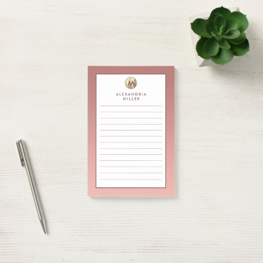 Rosa Rose Gold Monogram Lined Post-it Klebezettel (Büro)