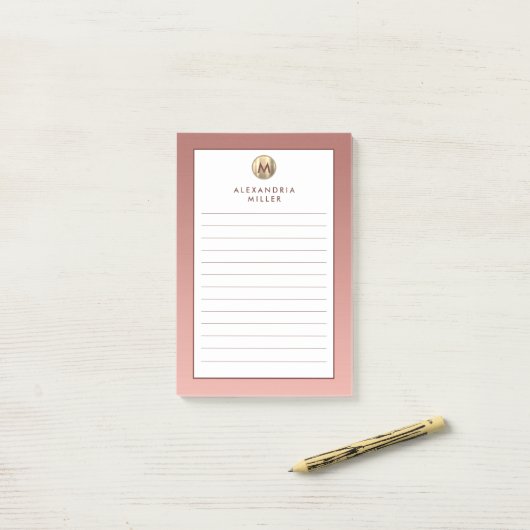 Rosa Rose Gold Monogram Lined Post-it Klebezettel (Auf Schreibtisch)
