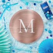 Rosa Rose Gold Monogram Script Glam Metallic Steel Pappteller (Party)