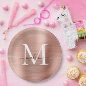 Rosa Rose Gold Monogram Script Glam Metallic Steel Pappteller (Party)