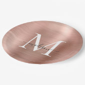 Rosa Rose Gold Monogram Script Glam Metallic Steel Pappteller (Schrägansicht)
