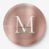 Rosa Rose Gold Monogram Script Glam Metallic Steel Pappteller (Vorderseite)