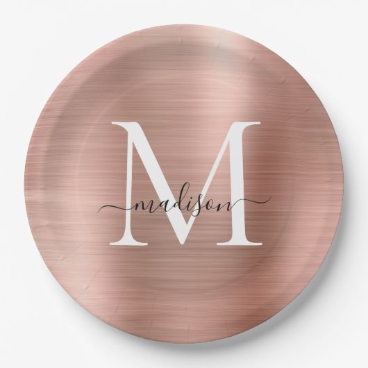 Rosa Rose Gold Monogram Script Glam Metallic Steel Pappteller (Vorderseite)