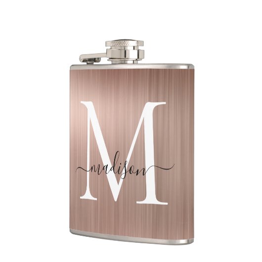 Rosa Rose Gold Monogramm Script aus gebürstetem St Flachmann (Links)