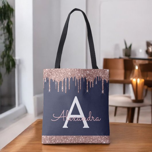 Rosa Rose Gold Navy Blue Glitzer Elegantes Monogra Tasche