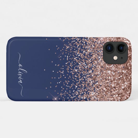 Rosa Rose Gold Navy Blue Glitzer Monogram Case-Mate iPhone Hülle (Rückseite (Horizontal))