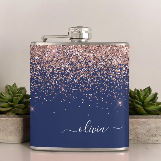 Rosa Rose Gold Navy Blue Glitzer Monogram Flachmann