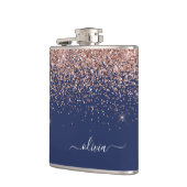 Rosa Rose Gold Navy Blue Glitzer Monogram Flachmann (Links)