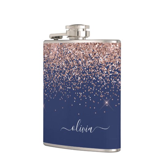 Rosa Rose Gold Navy Blue Glitzer Monogram Flachmann (Links)