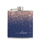 Rosa Rose Gold Navy Blue Glitzer Monogram Flachmann (Vorderseite)