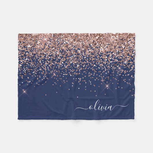 Rosa Rose Gold Navy Blue Glitzer Monogram Fleecedecke (Vorderseite (Horizontal))