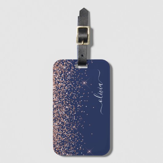 Rosa Rose Gold Navy Blue Glitzer Monogram Gepäckanhänger (Vorderseite Vertikal)
