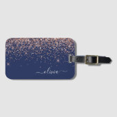 Rosa Rose Gold Navy Blue Glitzer Monogram Gepäckanhänger (Vorderseite (Horizontal))