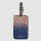Rosa Rose Gold Navy Blue Glitzer Monogram Gepäckanhänger (Vorderseite Vertikal)
