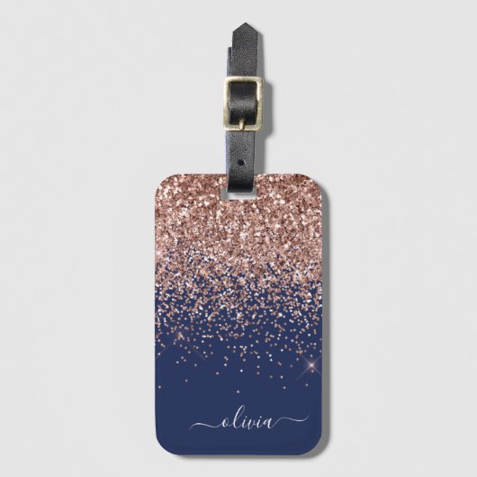 Rosa Rose Gold Navy Blue Glitzer Monogram Gepäckanhänger (Vorderseite Vertikal)