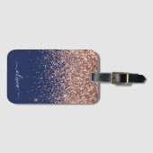 Rosa Rose Gold Navy Blue Glitzer Monogram Gepäckanhänger (Vorderseite (Horizontal))