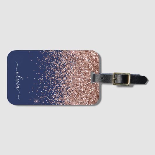 Rosa Rose Gold Navy Blue Glitzer Monogram Gepäckanhänger (Vorderseite (Horizontal))