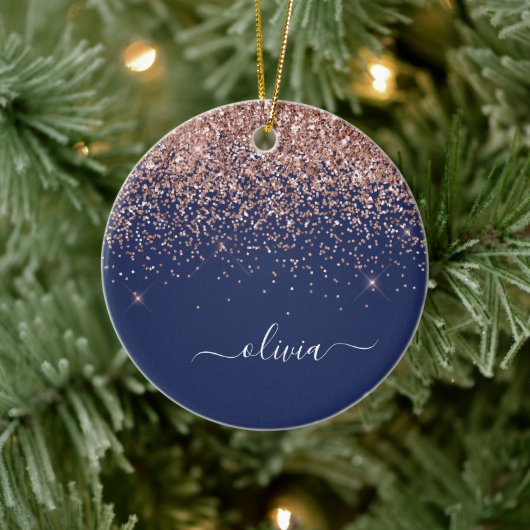 Rosa Rose Gold Navy Blue Glitzer Monogram Keramik Ornament (Baum)