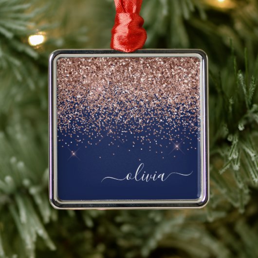 Rosa Rose Gold Navy Blue Glitzer Monogram Ornament Aus Metall (Baum)