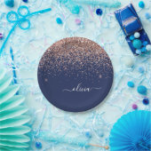 Rosa Rose Gold Navy Blue Glitzer Monogram Pappteller (Party)
