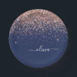 Rosa Rose Gold Navy Blue Glitzer Monogram Pappteller<br><div class="desc">Rose Gold - Blush Pink und Navy Blue Sparkle Glitzer Monogram Name und Initial Party Teller. Das macht den perfekten 16 Geburtstag,  Hochzeit,  Brautparty,  Jubiläum,  Babydusche oder Junggeselinnen-Abschied Geschenk für jemanden,  der Lieben glamourösen Luxus und schicke Stile.</div>