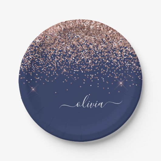 Rosa Rose Gold Navy Blue Glitzer Monogram Pappteller (Vorderseite)