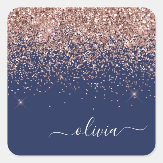 Rosa Rose Gold Navy Blue Glitzer Monogram Quadratischer Aufkleber (Vorderseite)