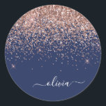 Rosa Rose Gold Navy Blue Glitzer Monogram Runder Aufkleber<br><div class="desc">Rose Gold - Blush Pink und Navy Blue Sparkle Glitzer Monogram Name Party Aufkleber Adresse Labels. Das macht den perfekten 16 Geburtstag,  Hochzeit,  Brautparty,  Jubiläum,  Babydusche oder Junggeselinnen-Abschied Geschenk für jemanden,  der Lieben glamourösen Luxus und schicke Stile.</div>